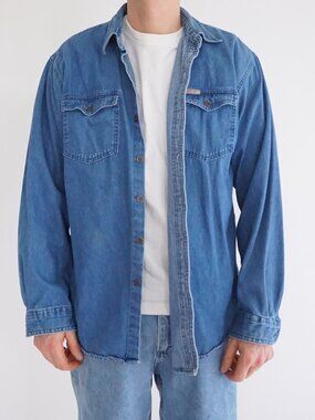 Jordache Blue Denim Western Pearl Snap Workwear Ranch Cotton Overshirt Shirt L